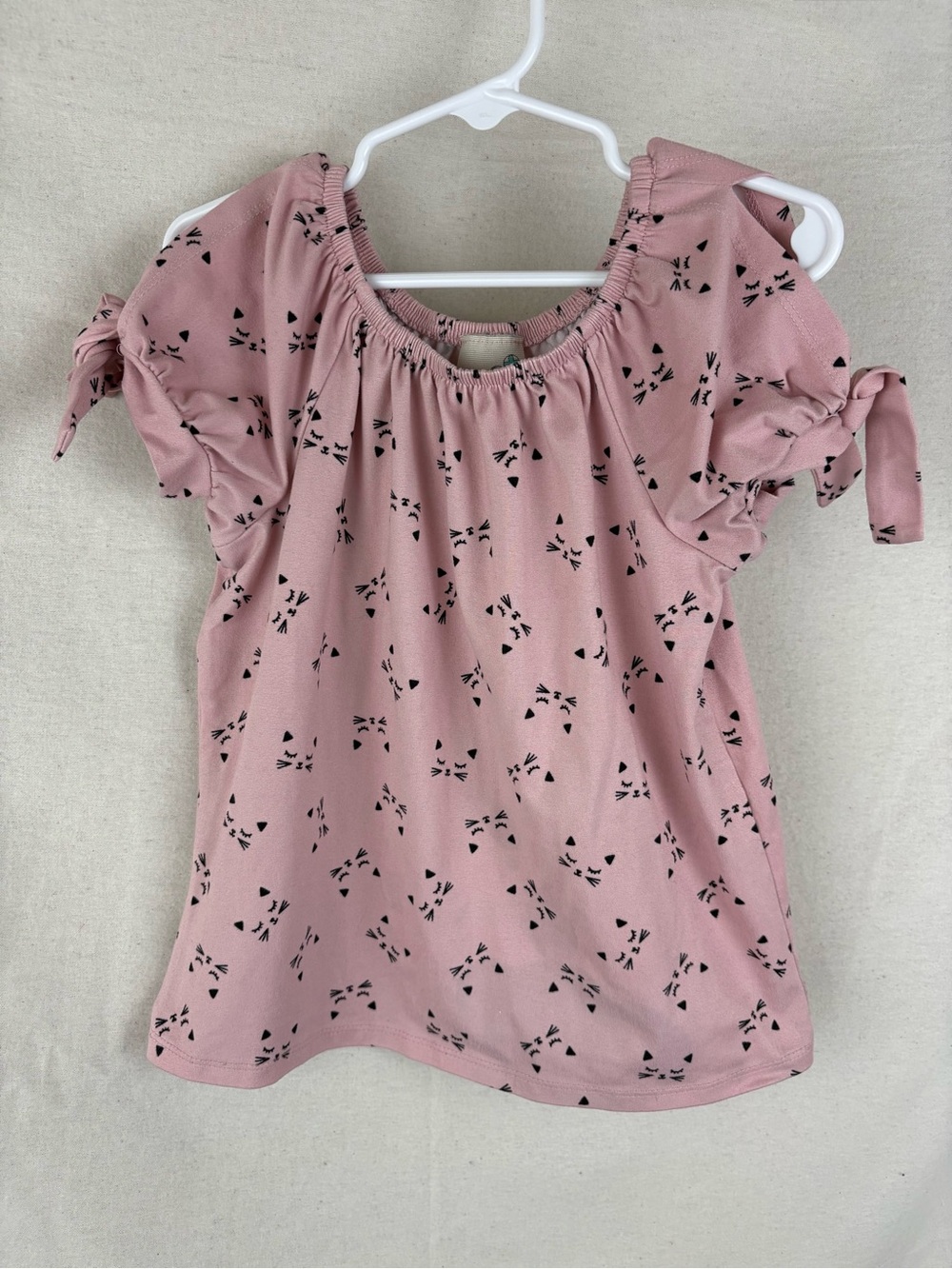 Lily Bleu Girls Light Pink Short-Sleeve Tie-Sleeve Shirt with Cat Print Size 5